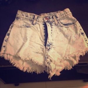 High waisted light wash jean shorts